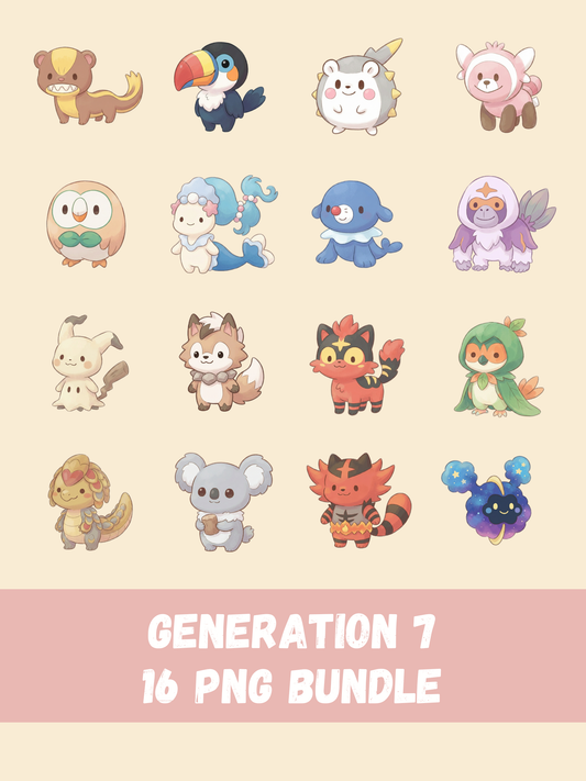 Popular Gen 7 Pokémon PNG Pack, 16 Fan Favorite Alola Pokémon, Chibi Cute Kawaii Clipart, Anime PNG, Digital Download