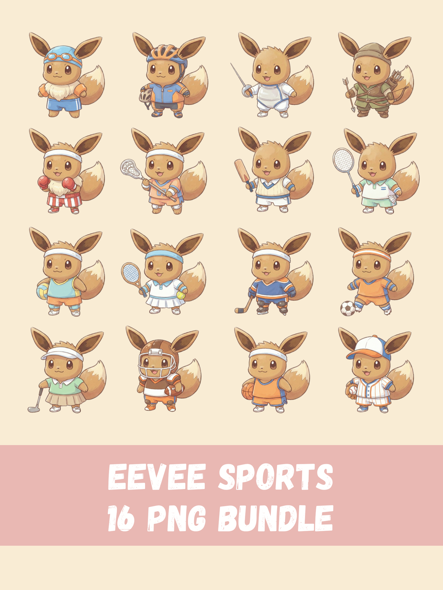 Eevee Playing Sports PNG Pack, 16 Eevee Sports, Chibi Cute Kawaii Clipart, Athlete Outfits, Anime PNG, Digital Download