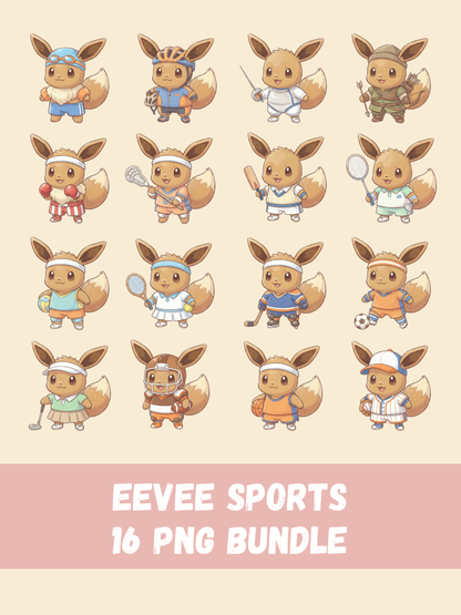 Eevee Playing Sports PNG Pack, 16 Eevee Sports, Chibi Cute Kawaii Clipart, Athlete Outfits, Anime PNG, Digital Download