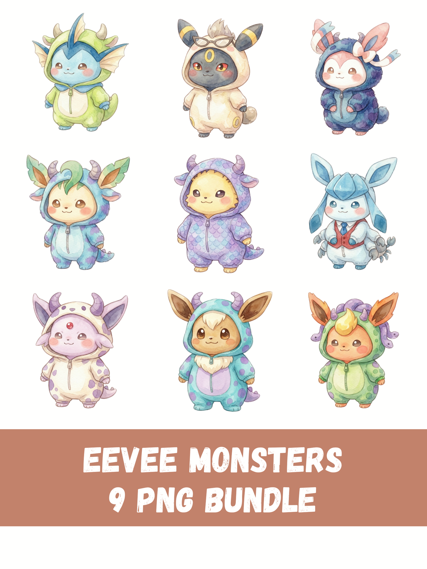 Eevee Evolutions Monster Costumes PNG Pack, 9 Eevee Evolutions, Chibi Kawaii Clipart, Cute Monster Outfits, Digital Download