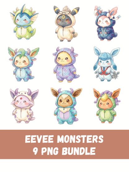 Eevee Evolutions Monster Costumes PNG Pack, 9 Eevee Evolutions, Chibi Kawaii Clipart, Cute Monster Outfits, Digital Download