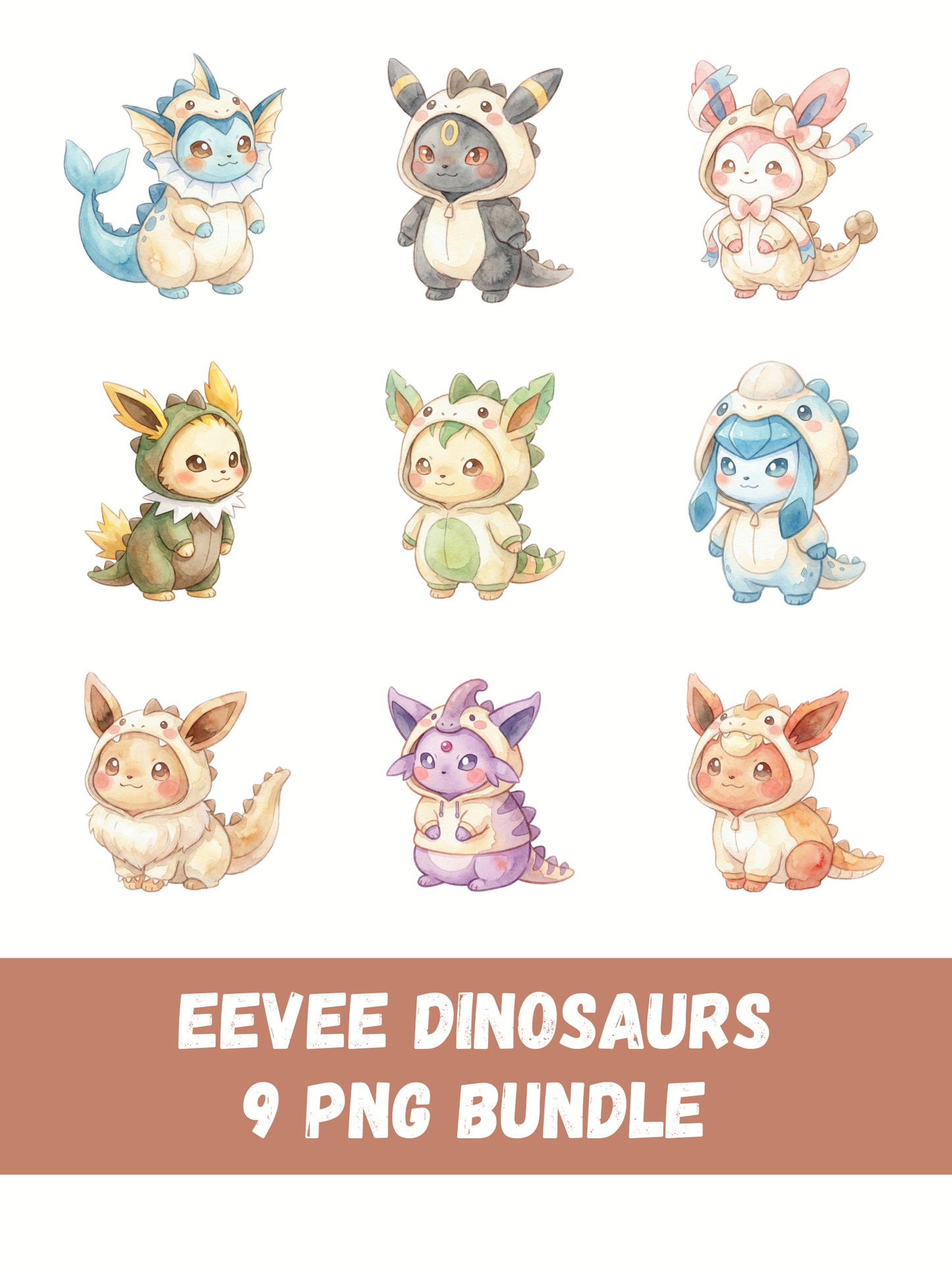 Eeveelutions Dinosaur Costumes PNG Pack, 9 Eevee Evolutions, Chibi Kawaii Clipart, Cute Dino Outfits, Anime PNG, Digital Download