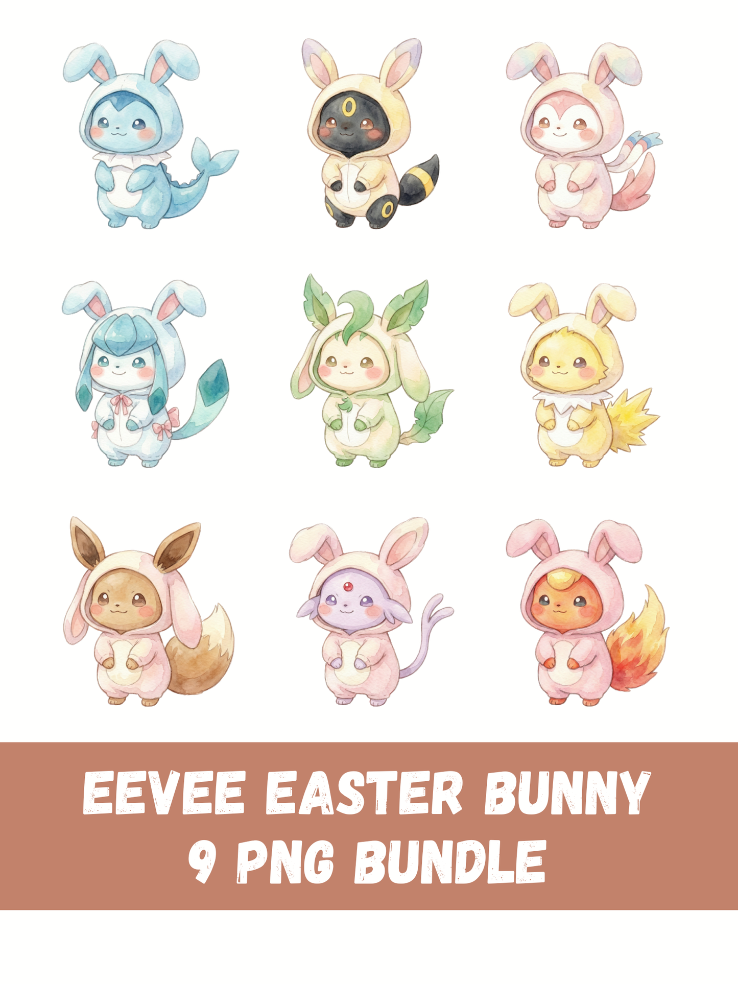 Easter Eeveelutions PNG Bundle, Bunny Onesie Pokémon Clipart, Cute Watercolor Kawaii Easter PNG, Spring Pokémon Digital Download
