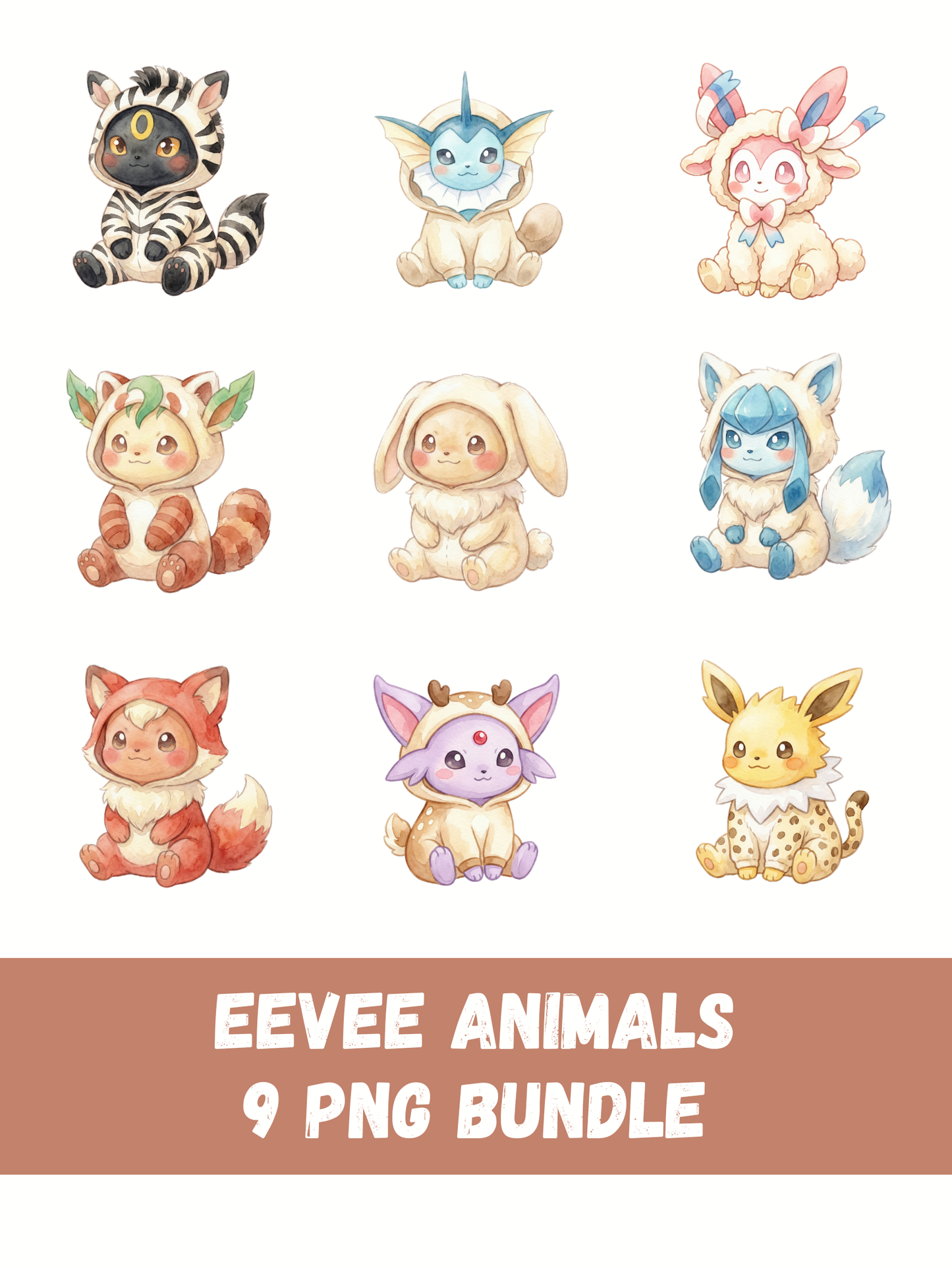 Eeveelutions Animal Costumes PNG Pack, 9 Eevee Evolutions, Chibi Kawaii Clipart, Cute Costume Set, Anime PNG, Digital Download