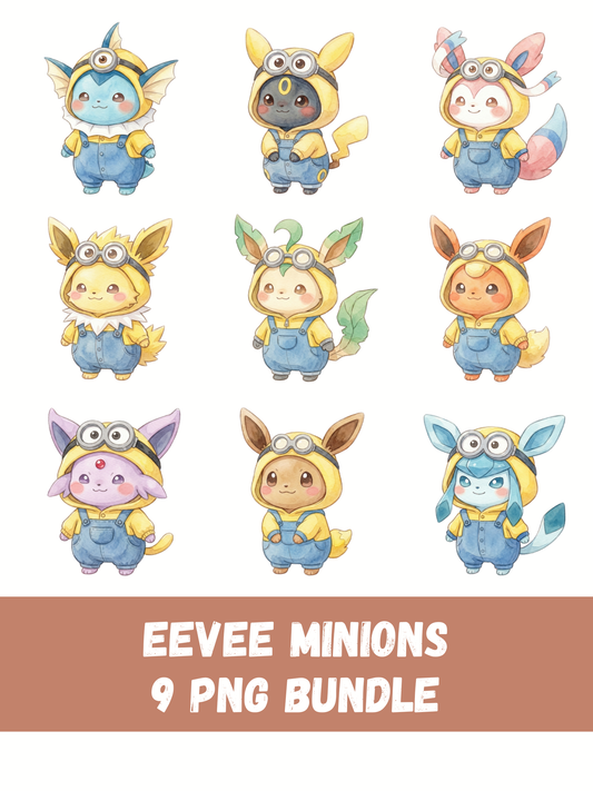 Eevee Evolutions Minions Costumes PNG Pack, Chibi Kawaii Clipart, Cute Worker Outfits, Digital Download