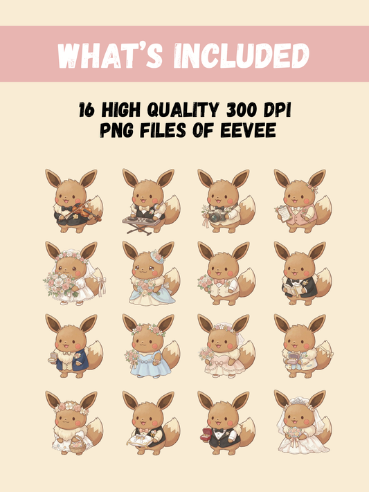 Eevee Wedding PNG Pack, 16 Wedding Eevee Designs, Chibi Cute Kawaii Clipart, Bride Groom Floral Bouquet, Anime PNG, Digital Download
