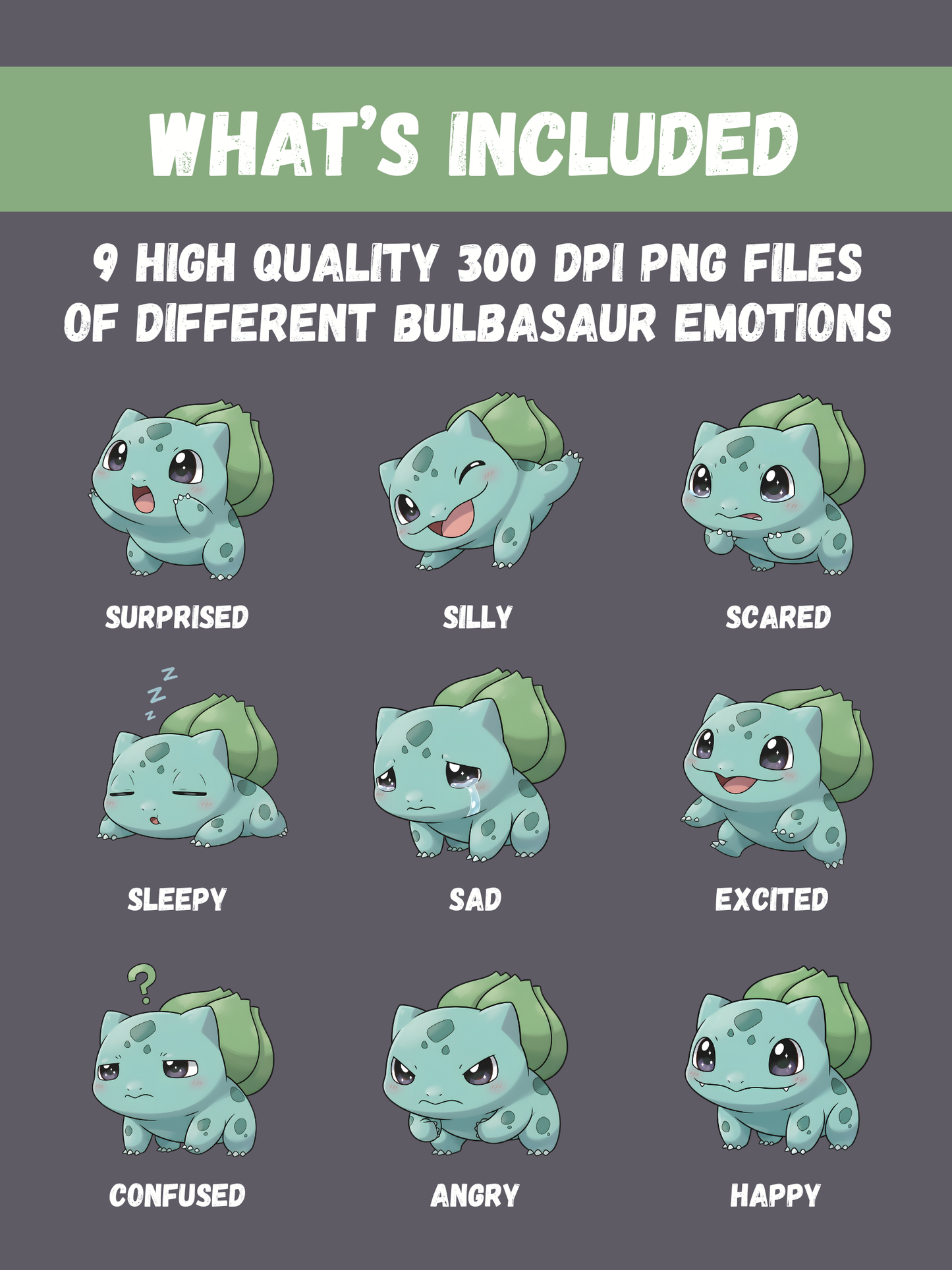 Kawaii Bulbasaur Chibi Emotion PNG Clipart Bundle (Digital Download)