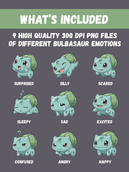 Kawaii Bulbasaur Chibi Emotion PNG Clipart Bundle (Digital Download)