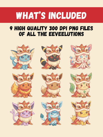 Eeveelutions Chinese New Year PNG Pack, 9 Eevee Evolutions, Chibi Kawaii Clipart, Lion Dance Costume, Anime PNG