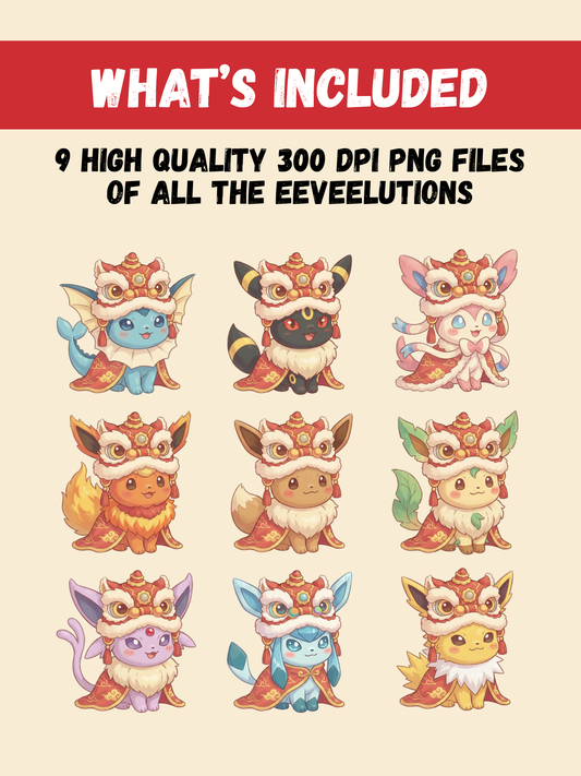 Eeveelutions Chinese New Year PNG Pack, 9 Eevee Evolutions, Chibi Kawaii Clipart, Lion Dance Costume, Anime PNG