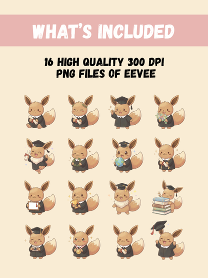 Eevee Graduation PNG Pack, 16 Graduation Eevee Designs, Chibi Cute Kawaii Clipart, Grad Cap Diploma, Anime PNG, Digital Download