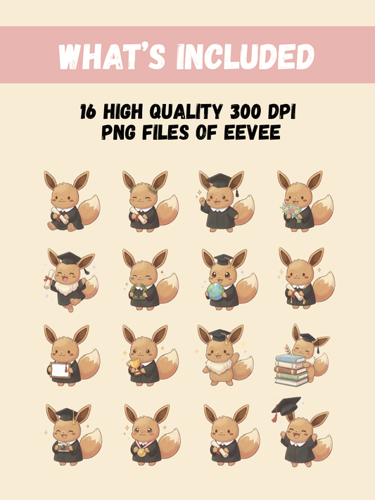 Eevee Graduation PNG Pack, 16 Graduation Eevee Designs, Chibi Cute Kawaii Clipart, Grad Cap Diploma, Anime PNG, Digital Download