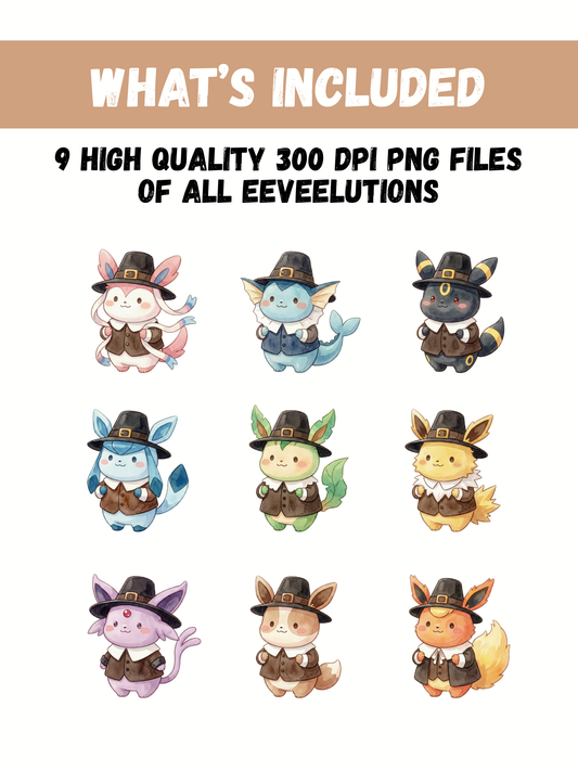Eeveelutions Pilgrims PNG Bundle, Thanksgiving Outfit Pokémon Clipart, Cute Watercolor Kawaii Fall PNG, Digital Download