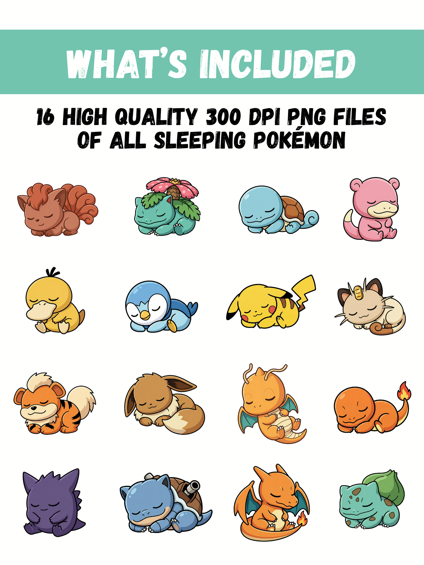Sleeping Chibi Pokémon PNG Bundle, 16 Cute Kawaii Clipart Designs, Instant Digital Download, Sticker Sublimation Art