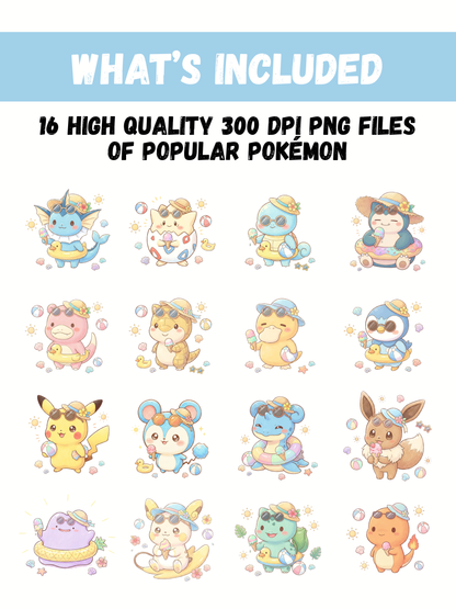 Summer Chibi Pokemon PNG Bundle, 16 Cute Pencil Crayon Style Designs, Kawaii Clipart, Transparent PNG, Instant Download