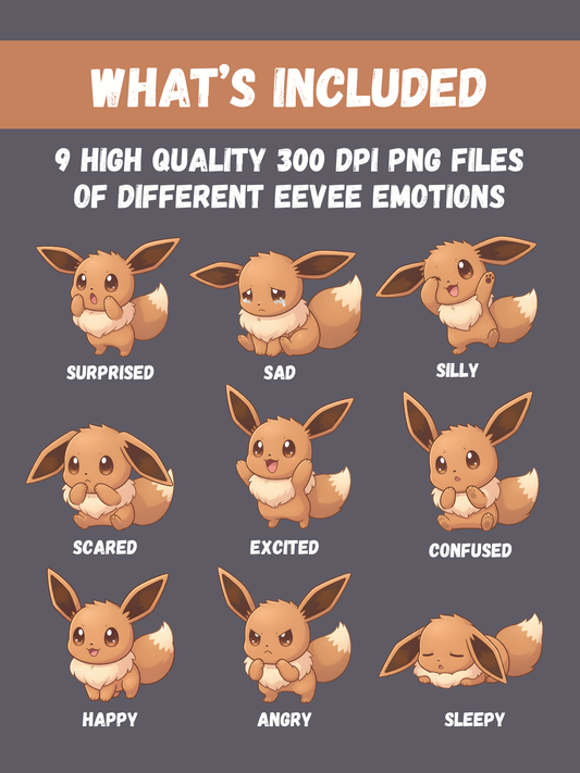 Eevee Chibi Emotions Pokemon PNG Bundle, 9 Cute Eevee Faces, Kawaii Pokémon Clipart, Instant Download