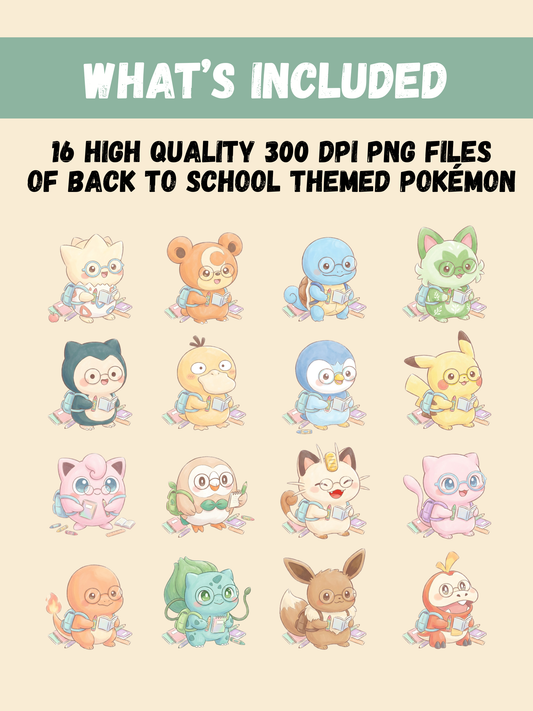 Back To School Pokémon PNG Bundle, 16 Chibi Cute Kawaii Clipart, School Theme Pokemon PNG, Anime Digital Download, Sublimation Sticker Art