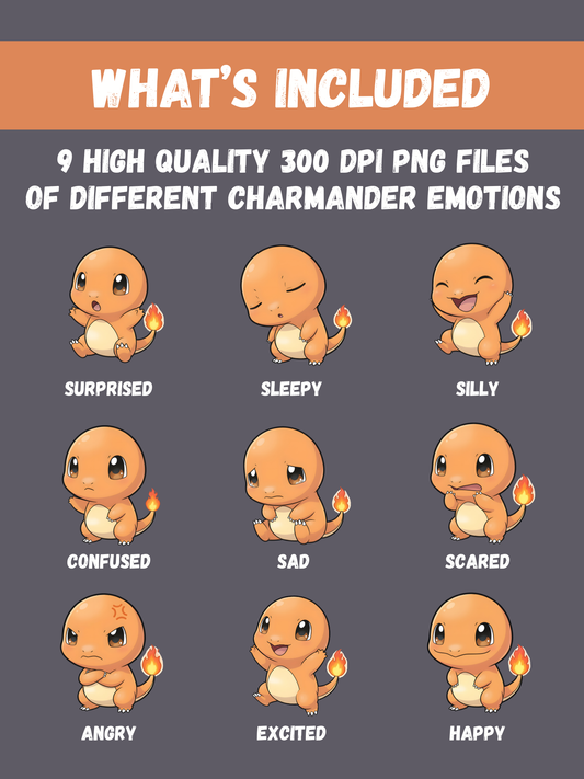 Pokémon Charmander Chibi Emotion PNG Bundle, 9 Cute Charmander Expressions, Kawaii Pokémon Clipart, Digital Download