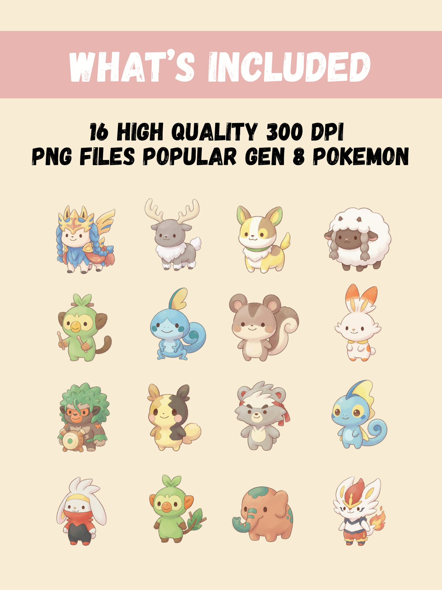 Popular Gen 8 Pokémon PNG Pack, 16 Fan Favorite Galar Pokémon, Chibi Cute Kawaii Clipart, Anime PNG, Digital Download