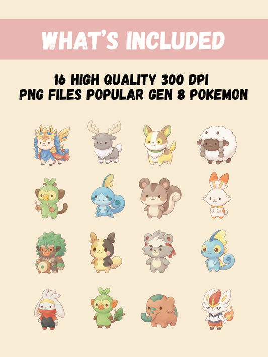 Popular Gen 8 Pokémon PNG Pack, 16 Fan Favorite Galar Pokémon, Chibi Cute Kawaii Clipart, Anime PNG, Digital Download
