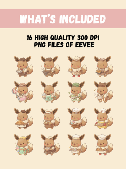 Eevee Cafe Theme PNG Pack, 16 Eevee Designs, Chibi Cute Kawaii Clipart, Coffee And Pastry Shop, Anime PNG, Digital Download