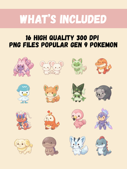 Popular Gen 9 Pokémon PNG Pack, 16 Fan Favorite Paldea Pokémon, Chibi Cute Kawaii Clipart, Anime PNG, Digital Download