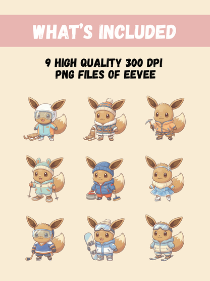 Eevee Winter Sports PNG Pack, 9 Eevee Sports, Chibi Cute Kawaii Clipart, Winter Athlete Outfits, Anime PNG, Digital Download
