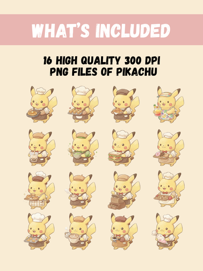 Pikachu Cafe Theme PNG Pack, 16 Pikachu Designs, Chibi Cute Kawaii Clipart, Coffee And Pastry Shop, Anime PNG, Digital Download