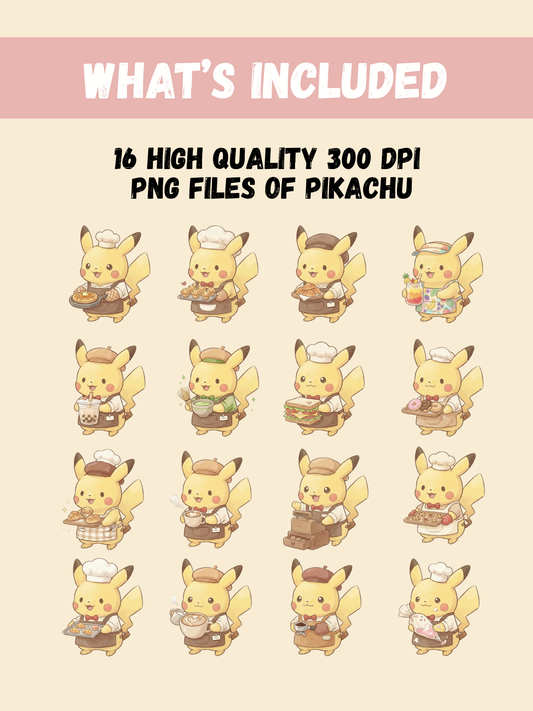 Pikachu Cafe Theme PNG Pack, 16 Pikachu Designs, Chibi Cute Kawaii Clipart, Coffee And Pastry Shop, Anime PNG, Digital Download