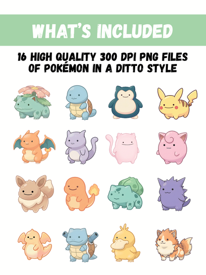 Ditto Style Pokémon PNG Bundle, 16 Cute Transforming Chibi Pokémon, Kawaii Ditto Art, Digital Download