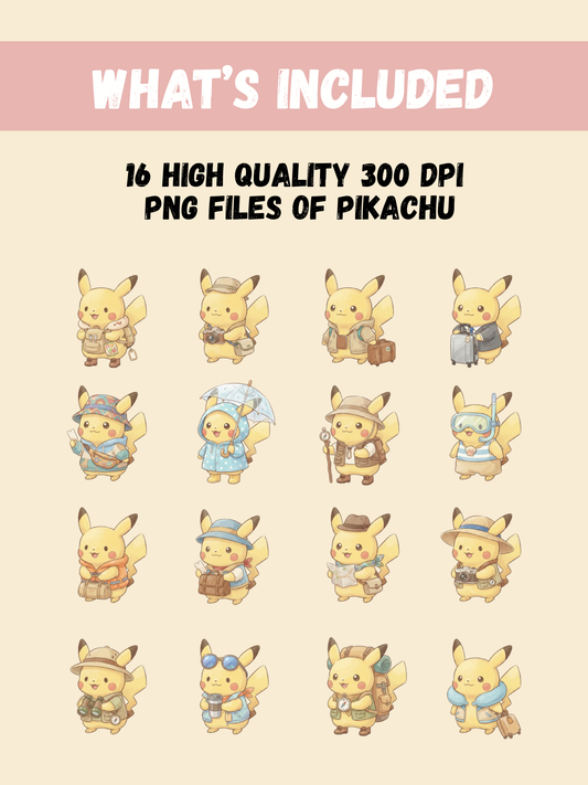Pikachu Travel PNG Pack, 16 Travel Pikachu Designs, Chibi Cute Kawaii Clipart, Vacation Adventure, Anime PNG, Digital Download