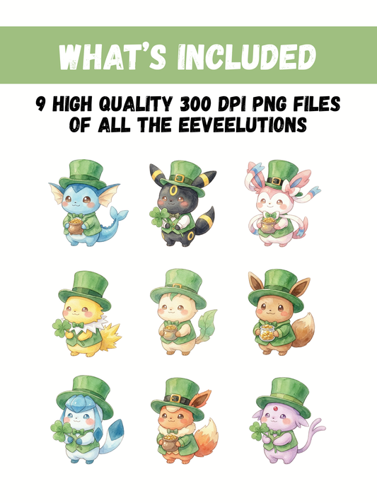 Eeveelutions St Patrick’s Day PNG Bundle, Leprechaun Pokémon Clipart, Cute Watercolor Kawaii Shamrock PNG, Irish Holiday Digital Download