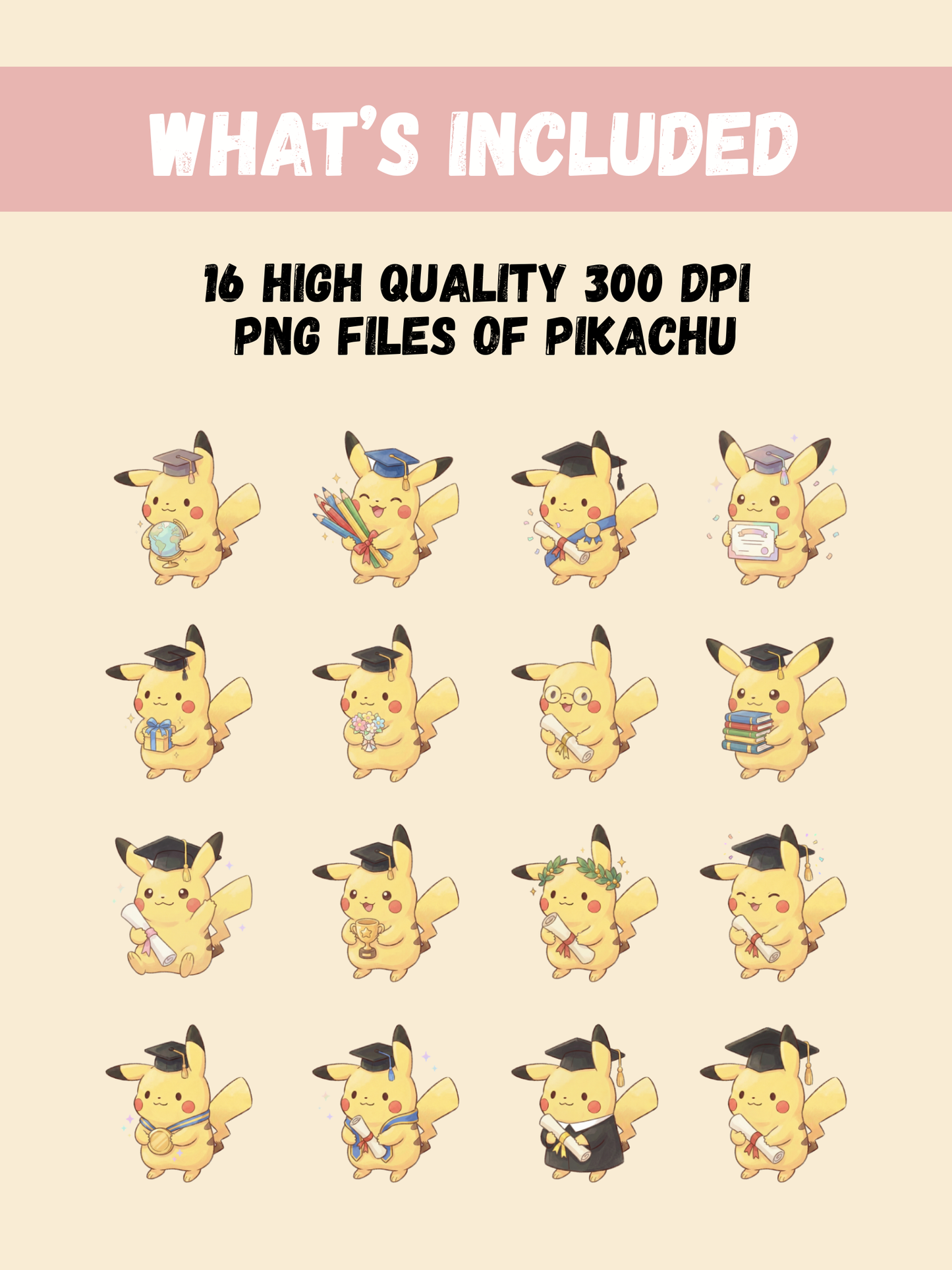 Pikachu Graduation PNG Pack, 16 Graduation Pikachu Designs, Chibi Cute Kawaii Clipart, Grad Cap Diploma, Anime PNG, Digital Download