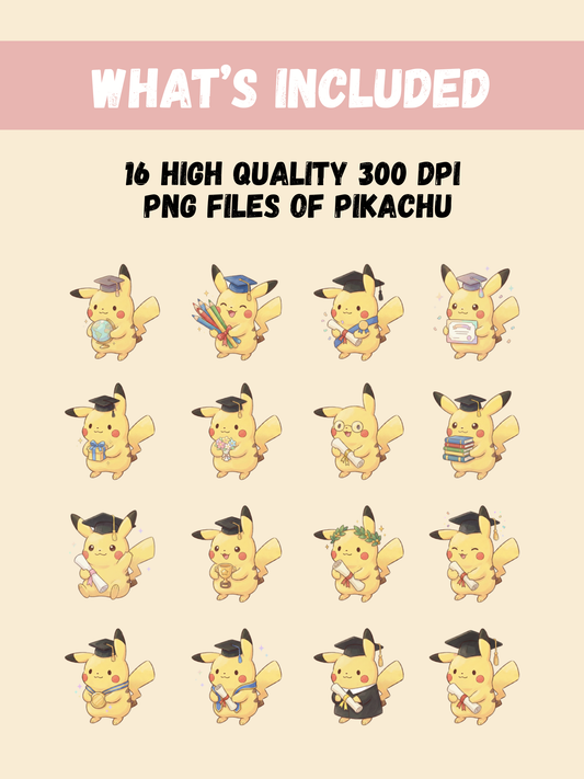 Pikachu Graduation PNG Pack, 16 Graduation Pikachu Designs, Chibi Cute Kawaii Clipart, Grad Cap Diploma, Anime PNG, Digital Download