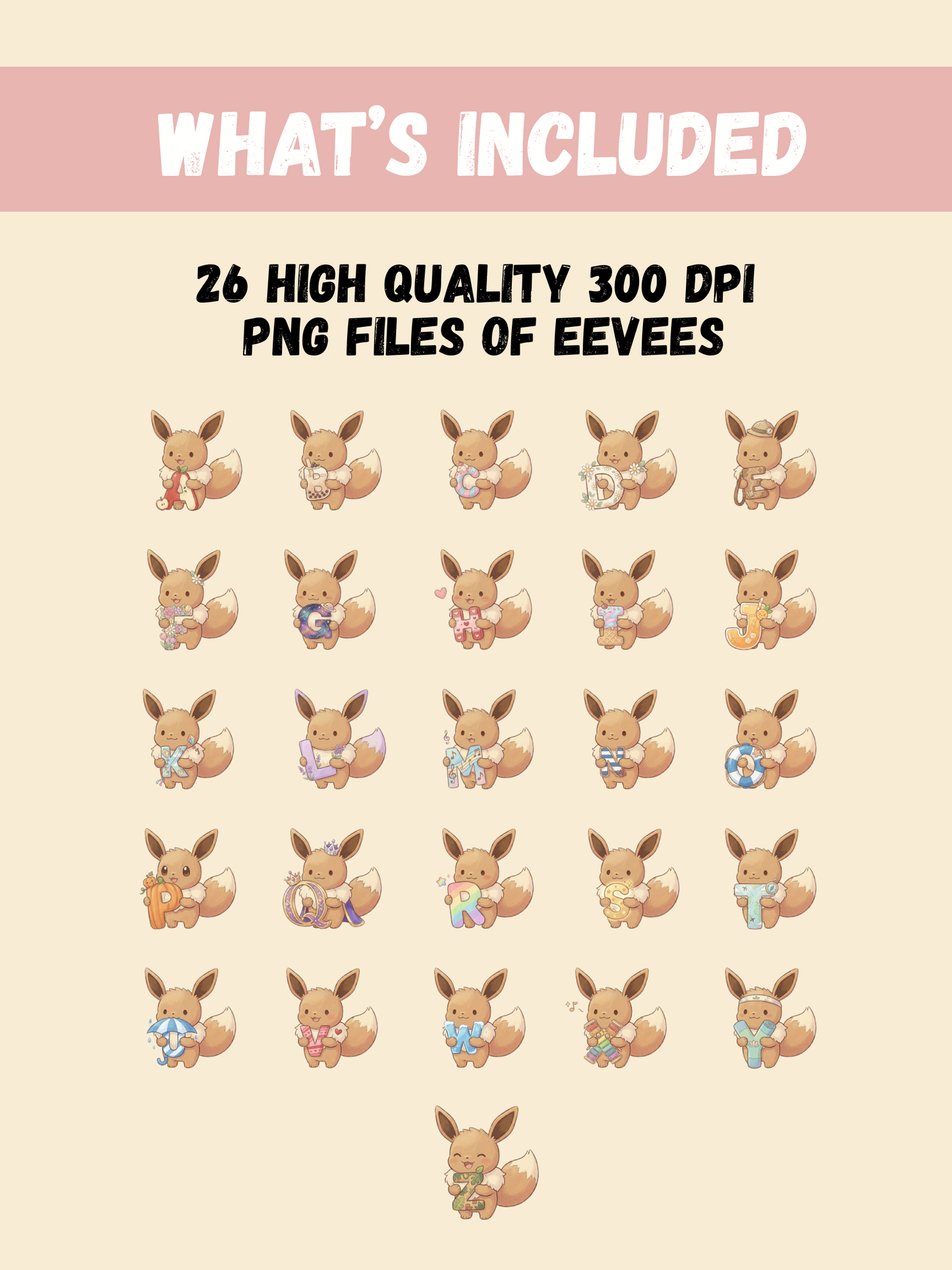 Eevee A-Z Alphabet Pack, 26 Letter Clipart Set, Chibi Cute Kawaii Eevee, ABC Learning, Digital Download