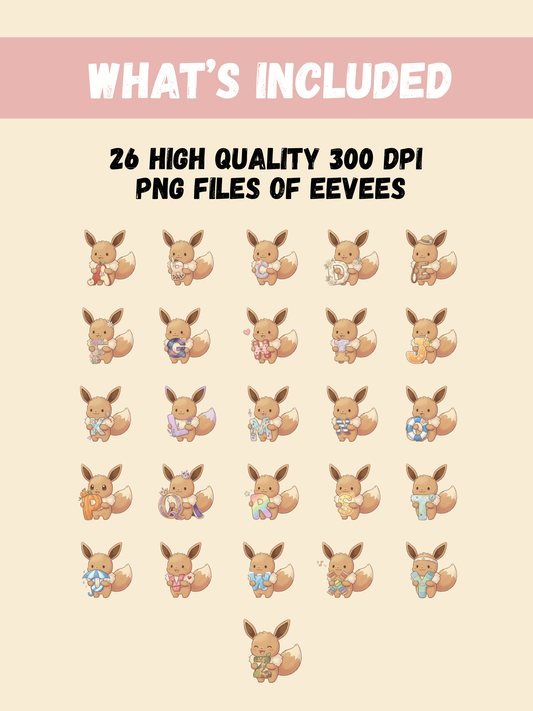 Eevee A-Z Alphabet Pack, 26 Letter Clipart Set, Chibi Cute Kawaii Eevee, ABC Learning, Digital Download