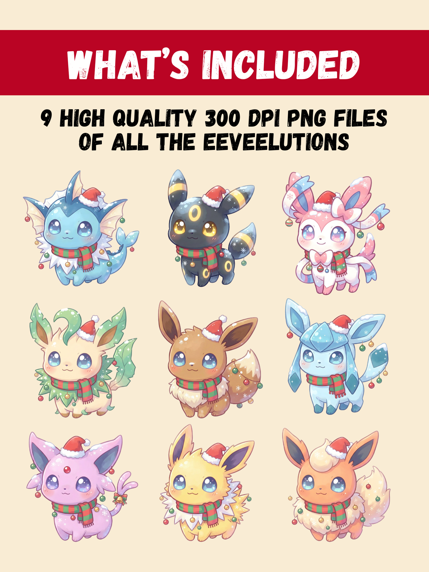 Christmas Eeveelutions PNG Bundle, Chibi Kawaii Holiday Clipart (Digital Download)