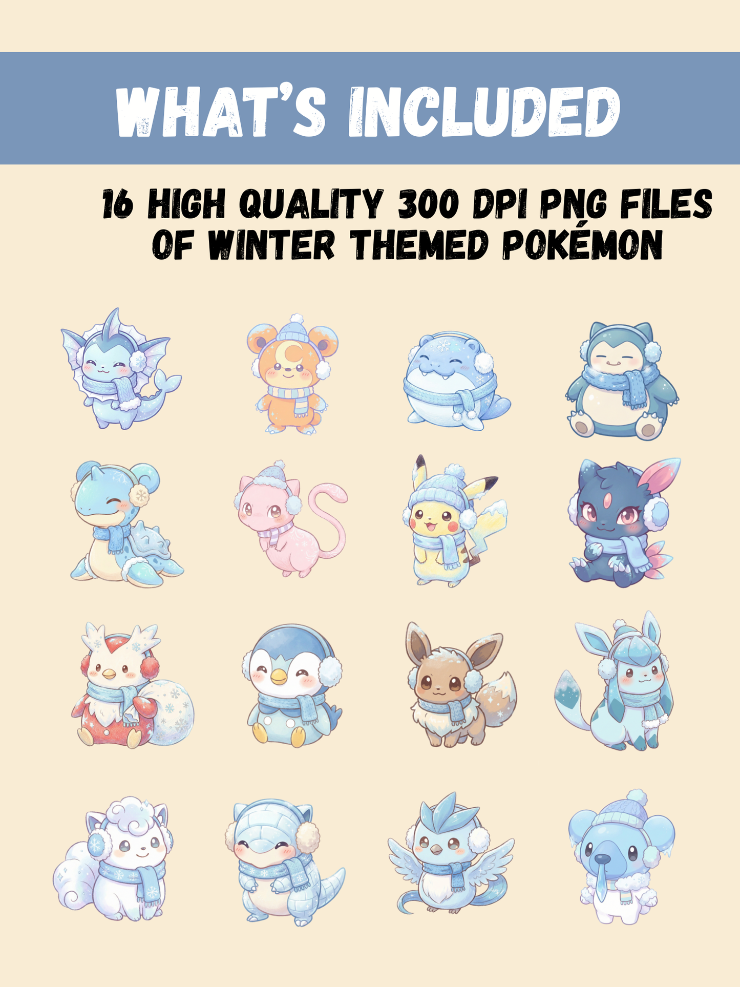 Winter Pokémon PNG Bundle, 16 Chibi Cute Kawaii Clipart, Cozy Snow Pokemon PNG, Anime Digital Download, Sublimation Sticker Art