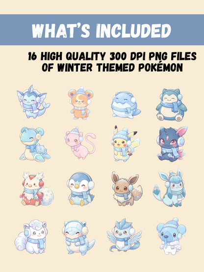 Winter Pokémon PNG Bundle, 16 Chibi Cute Kawaii Clipart, Cozy Snow Pokemon PNG, Anime Digital Download, Sublimation Sticker Art