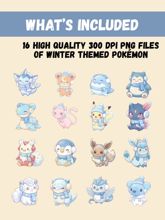 Winter Pokémon PNG Bundle, 16 Chibi Cute Kawaii Clipart, Cozy Snow Pokemon PNG, Anime Digital Download, Sublimation Sticker Art