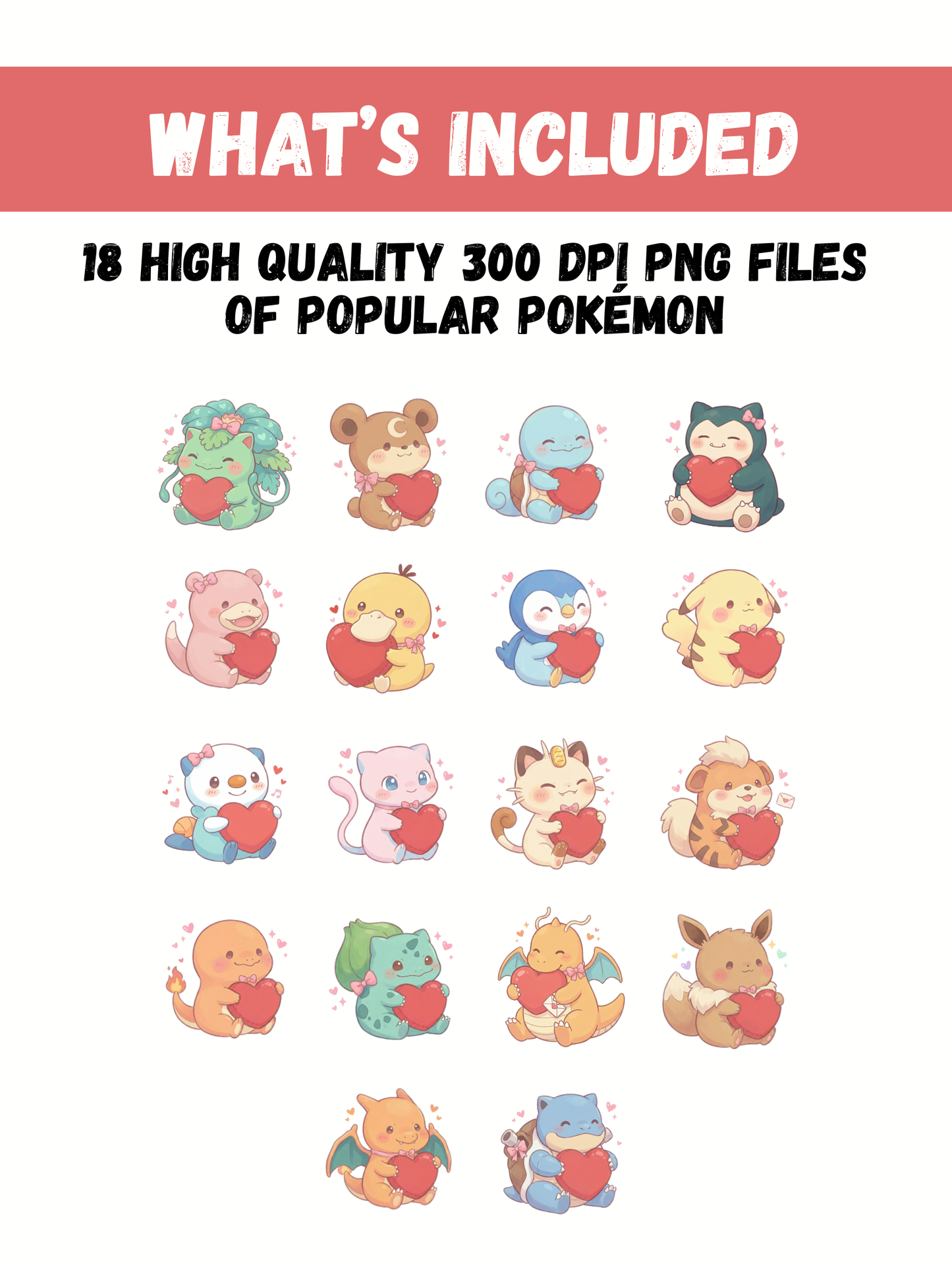 Pokémon Love PNG Pack, 18 Popular Pokémon, Chibi Cute Kawaii Clipart, Valentine Hearts, Anime PNG, Digital Download