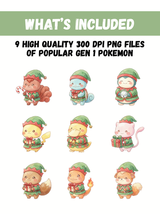 Pokémon Christmas Elf PNG Bundle, Cute Elf Pokémon Clipart, Watercolor Kawaii Christmas PNG, Holiday Digital Download