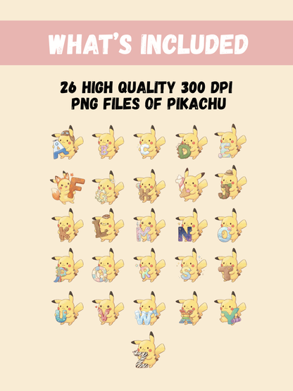 Pikachu A-Z Alphabet PNG Pack, 26 Letter Clipart Set, Chibi Cute Kawaii Pikachu, ABC Learning, Digital Download