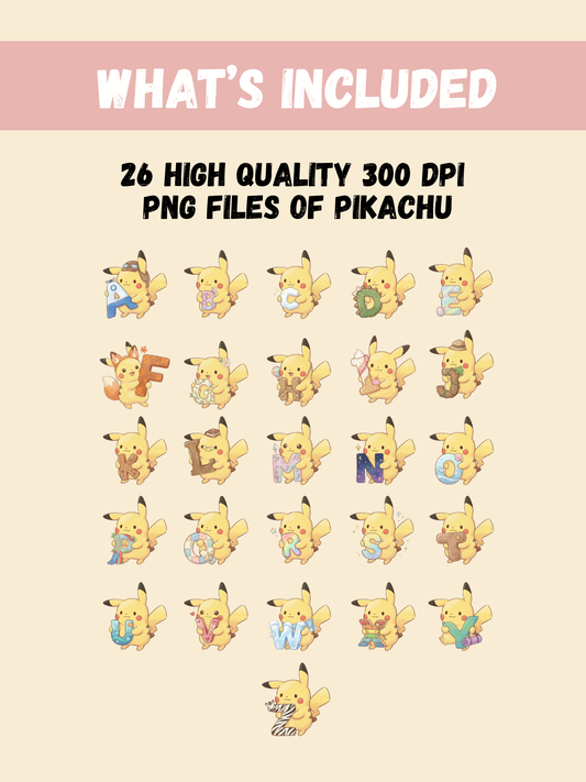 Pikachu A-Z Alphabet PNG Pack, 26 Letter Clipart Set, Chibi Cute Kawaii Pikachu, ABC Learning, Digital Download