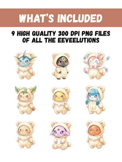 Eeveelutions Teddy Bear Costumes PNG Pack, 9 Eevee Evolutions, Chibi Kawaii Clipart, Cute Plush Outfits, Digital Download
