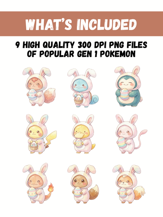 Gen 1 Easter Pokémon PNG Bundle, 9 Cute Kawaii Clipart Designs, Watercolor Easter Bunny PNG, Spring Pokémon Digital Download