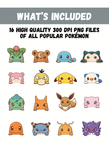 Peeking Chibi Pokemon PNG Bundle, 16 Cute Kawaii Designs, Transparent PNG Clipart, Instant Digital Download, Stickers Sublimation