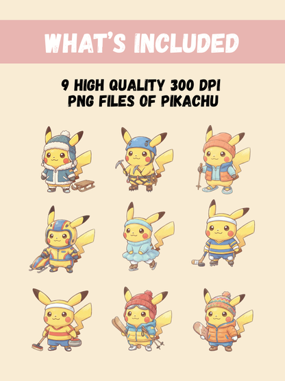 Pikachu Winter Sports PNG Pack, 9 Pikachu Sports, Chibi Cute Kawaii Clipart, Winter Athlete Outfits, Anime PNG, Digital Download