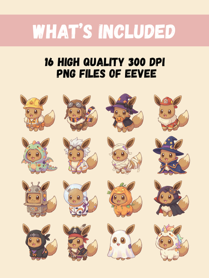 Eevee Costume PNG Pack, 16 Eevee Costumes, Chibi Cute Kawaii Clipart, Dress Up Outfits, Anime PNG, Digital Download