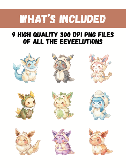 Eeveelutions Dinosaur Costumes PNG Pack, 9 Eevee Evolutions, Chibi Kawaii Clipart, Cute Dino Outfits, Anime PNG, Digital Download